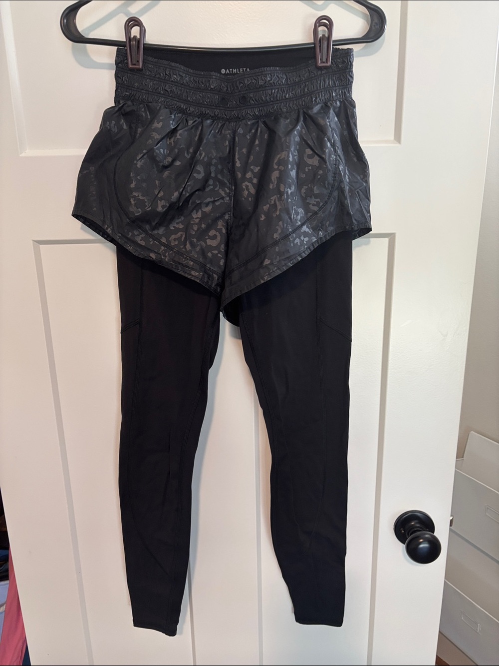 Athleta Black Rainier 2 in 1 tights  (leopard print black on black shorts)
